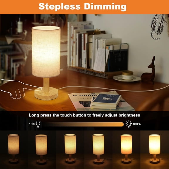 BDIUA-Small Touch Table Lamp with Stepless Dimming&USB Plug,Natural Round Wood Base&Linen Fabric Shade |Soft Ambient Warm Night Light|Minimalist Boho Bedside Lamp for Bedroom,Nightstand,Nursery,Kitch