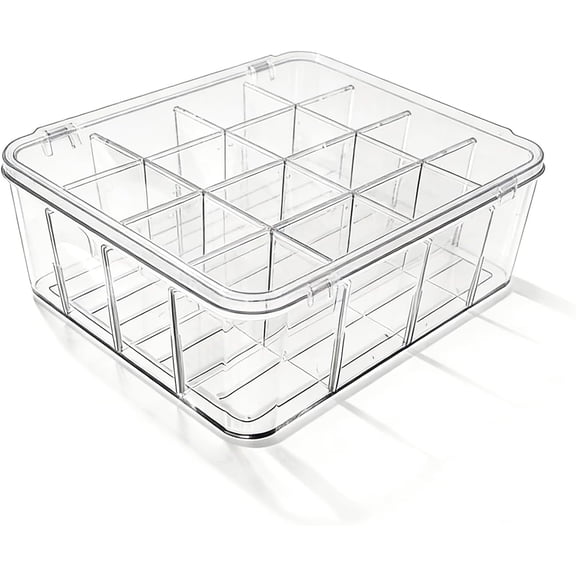 BDIUA-Socks Underwear Drawer Organizer, 16 Compartment Clear Plastic Storage Box with Lid & Adjustable Dividers, Tie Box, Tea Bag Organizer, Acrylic Organizer Box (12x10x3.9 Inch)