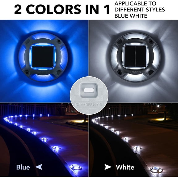 BDIUA-Solar Driveway Lights Outdoor 1 Pack, 2 Color Modes LED Deck Dock Marine Waterproof Security Marker Lights for Step Sidewalk Stair Garden Pathway Walkway Yard(Blue Light/Cool White)