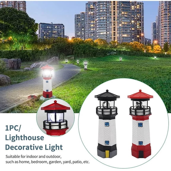 BDIUA-Solar Lighthouse Outdoor Solar Rotating LED Lighthouse Light Waterproof Lighthouse Statue Decorative LED Rotating Lamp for Garden Landscape Outside Yard(Red)