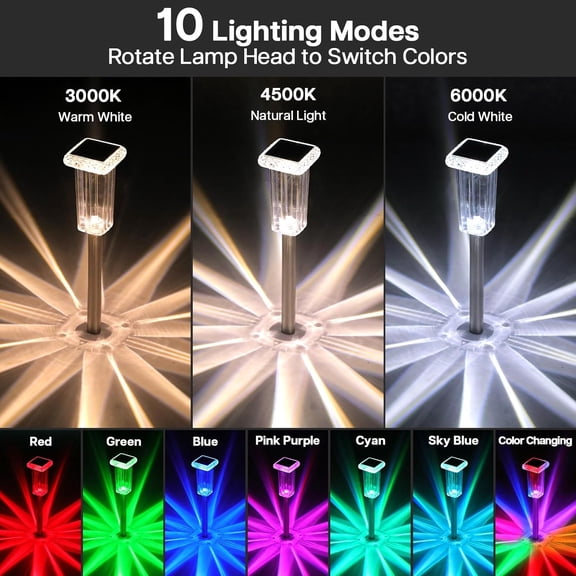 BDIUA-Solar Lights Outdoor 4 Pack LED Waterproof 10 Modes Pathway Outside Lights for Yard Garden Walkway Driveway Landscape Path Lighting, 3000K/4500K/6000K White & 6 Fixed Colors & Color Changing