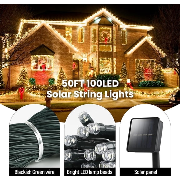 BDIUA-Solar String Lights Outdoor 2 Pack 50FT 100 LED Waterproof Fairy Lights, 8 Modes Solar Powered Twinkle Lights for Garden Patio Backyard Trees Summer Party Wedding Warm White