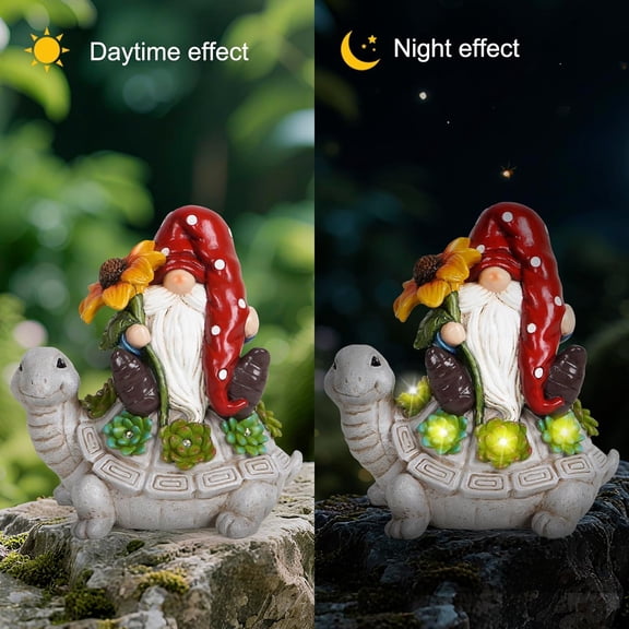 BDIUA-Solar Turtle Gnome Garden Statue Outdoor Decor, Resin Turtle with Gnome Figurine and LED Light, Solar Powered Yard Art for Lawn Patio Porch Pathway, Weather Resistant