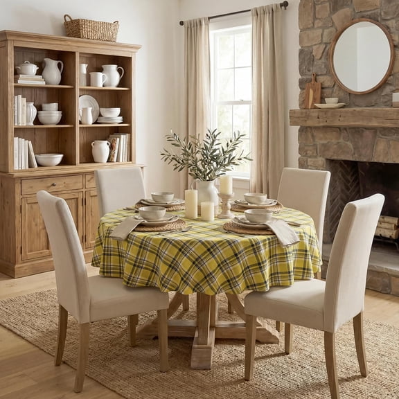 BDIUA-Spring Checkered Tablecloth 5555 Inch Round, Yellow Buffalo Plaid Spring Table Cloth, Washable Spring Farmhouse Table Decor for Dinner/Party Decoration/Holiday