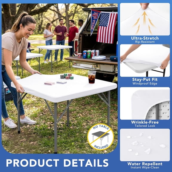 BDIUA-Square Fitted Table Covers 24x24 Inch-2 Pack White Card Elastic Spandex Tablecloth-Small Stretch Folding Table Cloths Topper Cap for Kitchen Dining Picnic Patio Outdoor Party Tables