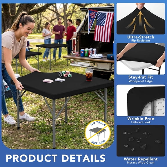 BDIUA-Square Fitted Tablecloth 34x34 Inch-2 Pack Black Card Elastic Spandex Table Cover-Small Stretch Folding Table Cloths Topper Cap for Kitchen Dining Picnic Patio Outdoor Party Tables