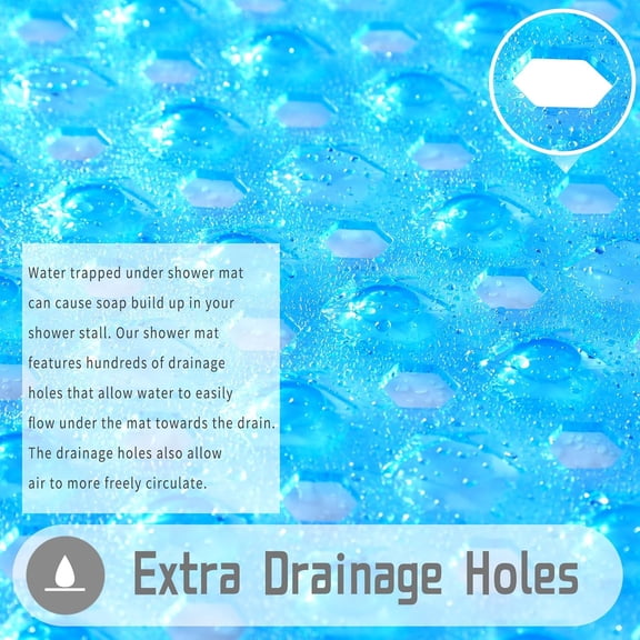 BDIUA-Square Shower Floor Mat Non Slip, 21"X21" Machine Washable Bath Tub Mat, Soft on Feet, Bathmat with Drain Holes and Suction Cups, Fast Draining, Clear Blue