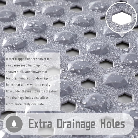 BDIUA-Square Shower Floor Mat Non Slip, 21"X21" Machine Washable Bath Tub Mat, Soft on Feet, Bathmat with Drain Holes and Suction Cups, Fast Draining, Grey