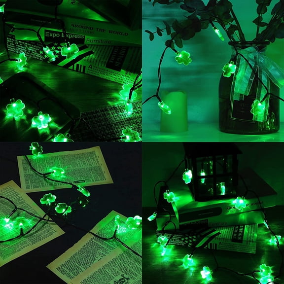 BDIUA-St. Patricks Day String Lights Outdoor, 50 LED 16 FT Shamrocks Decorative Green Leaf Lights Battery Operated, 8 Lighting Modes & Timer, Waterproof for Home Garden Party Decoration, 1 Pack