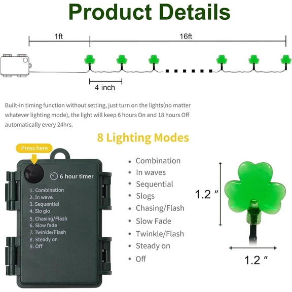 BDIUA-St. Patricks Day String Lights Outdoor, 50 LED 16 FT Shamrocks Decorative Green Leaf Lights Battery Operated, 8 Lighting Modes & Timer, Waterproof for Home Garden Party Decoration, 2 Pack
