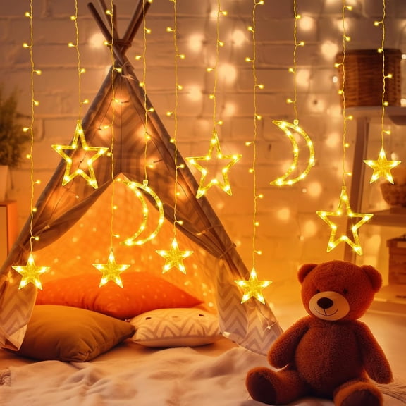 BDIUA-Star and Moon Ramadan Lights 11.48ft, 138 LEDs Ramadan Curtain String Lights Decorations for Home with Remote, 8 Modes, Battery Operated Fairy Lights Window Lights for Indoor Outdoor Holiday