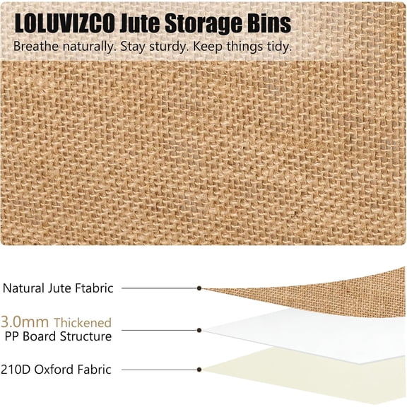 BDIUA-Storage Bin Box with Zippered Lid Natural Jute Fabric Decorative Basket Cubes with PU Leather Handles PP Plastic Board Foldable Lidded Clothing Shelf Closet Organizer Container (Large)