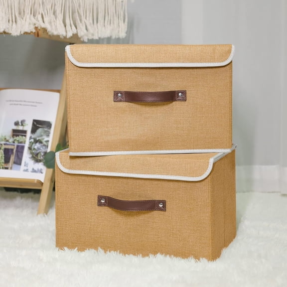 BDIUA-Storage Bin with Lid Storage Boxes with PU Leather Handles PP Plastic Board Decorative Foldable Lidded Cotton Linen Fabric Home Cubes Baskets Closet Organizer Container - Khaki, Medium