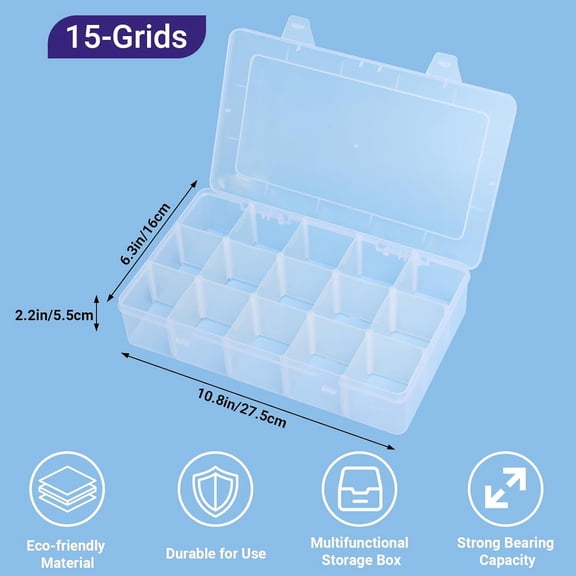 BDIUA-Storage Box with Dividers, 15-Grid Extra Large Plastic Storage Case for Nail Art Decoration, Clear Fake Nail Organizer Container with Lids for Acrylic Nails Tip, Rhinestone, Bead, Charm, Craft