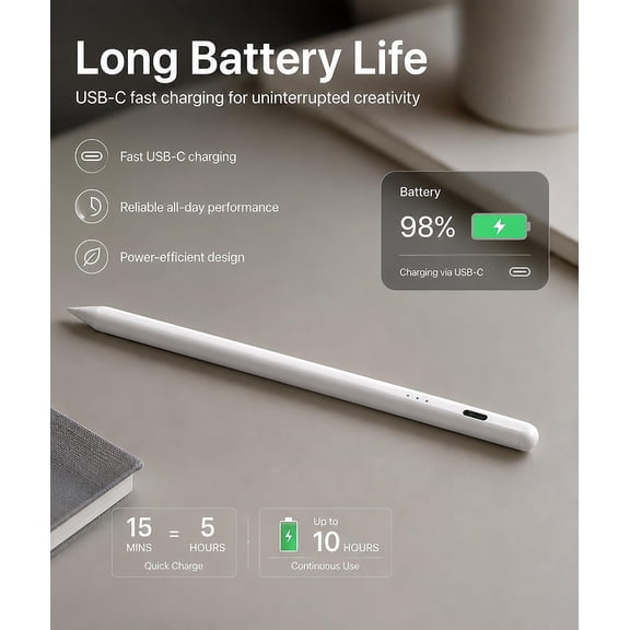 BDIUA-Stylus Pen for iPad with Battery Display & Shortcut Controls, Palm Rejection, Tilt Sensitivity, Magnetic Attachment, USB-C Fast Charging Compatible with iPad 2018-2025 - White