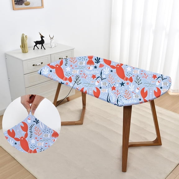 BDIUA-Summer Sky Blue Fitted Oval Tablecloth with Elastic 48x68 Inch Non Slip Stretchy Spandex Outdoor Table Cover Wrinkle Free Washable with Cute Crawfish Seaweed for Party Holiday Decor