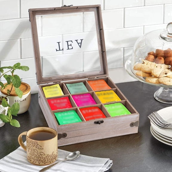 BDIUA-Tea Box Organizer - Rustic Tea Bag Storage,Teas Bag Holder for Coffee Sugar Pods Packets & More  Elegant Tea Storage Solution for Home & Kitchen (Gray)