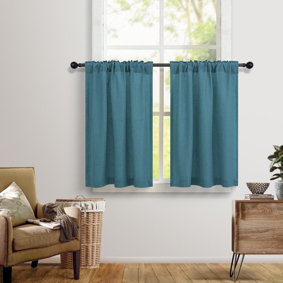 BDIUA-Teal Kitchen Cafe Curtains 24 Inch Length 2 Panel Back Tab Pocket Light Filtering Sheer Privacy Linen Short Turqoise Curtain for Small Window Blue Green Curtain for Bathroom Farmhouse 30x24