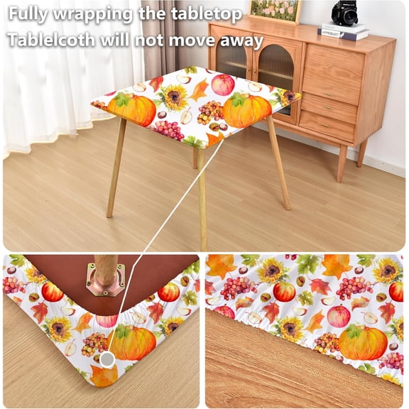 BDIUA-Thanksgiving Table Cloth Fitted Tablecloth with ElasticWashable Stretchy Fabric Cloth Card Table Cover for Holiday Party Pumpkin and Fruits 38 x 38 Inch Square