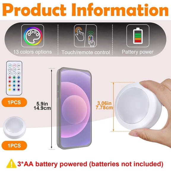 BDIUA-[Timer] 2 Pack Magnetic Locker Light,LED Puck Lights with 13 Colors Changing Under Cabinet Lights,Portable Dimmable Touch Light Stick on Closet,Locker,Cabinet,Bedside,Kitchen