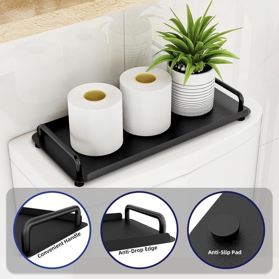 BDIUA-Toilet Paper Basket, Tank Tray with Handle, Bathroom Counter Storage Tray for Kitchen (Black)