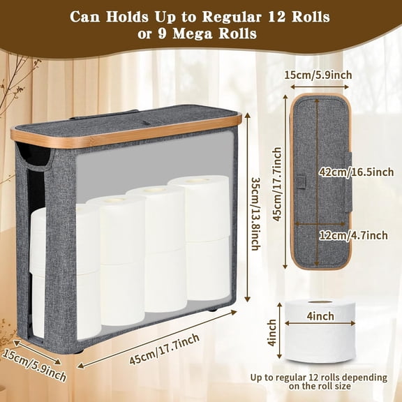 BDIUA-Toilet Paper Storage Basket with Lid - The Ultimate Bathroom Organizer, Free Standing Toilet Paper Holder for Up to 9 Mega Rolls, Toilet Tissue Storage Bin with Handle for RV Closet, Grey