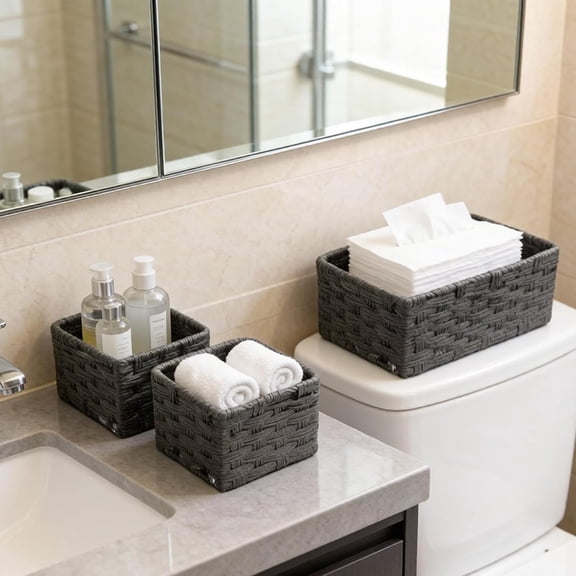 BDIUA-Toilet Paper Storage Basket with Nesting Feature Bathroom Counter Organizer Woven Plastic Wicker Baskets for Organizing Cute Basket for Apartment Bedroom Nursery Room Kitchen Bathroom Decor - S