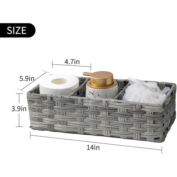 BDIUA-Toilet Tank Topper Paper Basket Multiuse Hand Woven Plastic Wicker Basket Bins with Divider for Shelves Rustic Farmhouse Bathroom Decor Countertop Organizer Storage