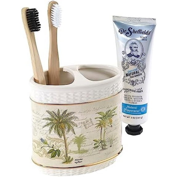BDIUA-- Toothbrush Holder, Ceramic Bathroom Accessories, Tropical Inspired Home Decor (Colony Palm Collection)