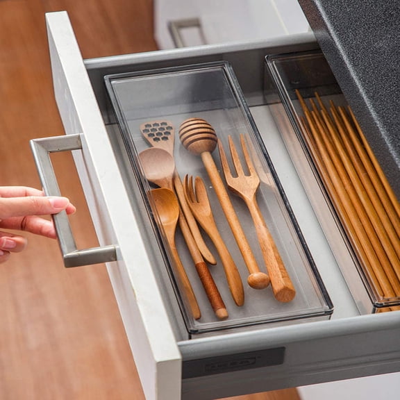 BDIUA-Transparent Flatware Tray Kitchen Drawer Organizer With Lid - Plastic Kitchen Cutlery Tray and Utensil Silverware Storage Container with Cover - Dinnerware Holder for Spoons Forks Knives