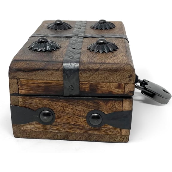 BDIUA-Treasure Chest Wooden Box with Antique Iron Lock and Skeleton Key (X-Small 5 x 3 x 2) - Storage and Decor Pirate Wooden Treasure Chest, Decorative Box with Hinged Lid,