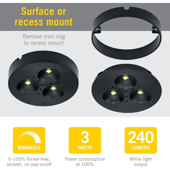 BDIUA-TriVue Under Cabinet LED Puck Light Recessed Downlight, 3000K, Matte Black 233213