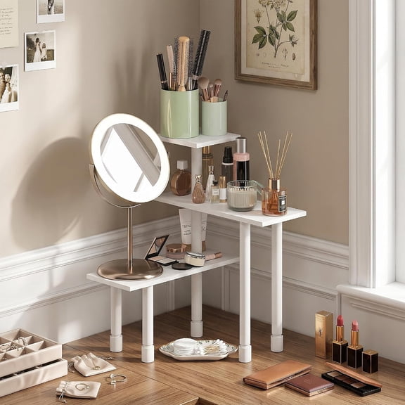 BDIUA-Turn-N-Tube Corner Shelf, 3-Tier Countertop Corner Organizer, Toolless Pantry Organizers and Accessories, Adjustable Table Top Shelf, for Vanity, Small Spaces, Kitchen, Bathroom, White