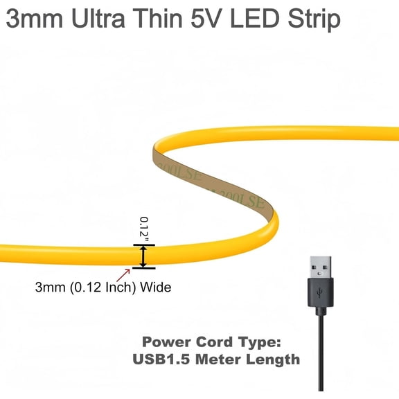 BDIUA-ULVYNTEX Ultra-Narrow 3mm USB Powered Cob Led Strip Lights Self-Adhesive, for Kitchen Cabinets, Bedroom, Gaming Desk (6000k Cool White, 6t)