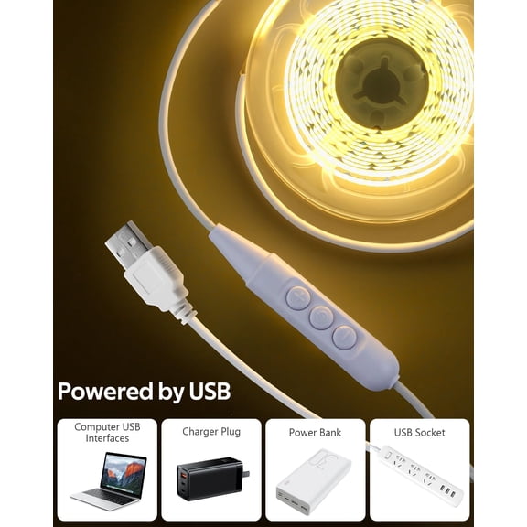 BDIUA-USB COB LED Strip Lights Warm White LED TV Backlight 5V 3000K Dimmable LED Flexible Strip Light 9.84FT 960LEDS with 1.5M USB Cable for Bedroom Monitor Showcase Cabinet DIY Lighting CRI85+