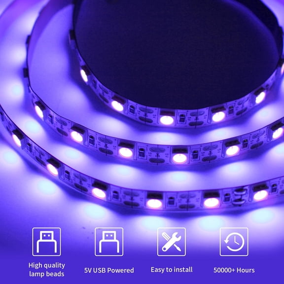 BDIUA-UV Black LED Light Strip USB, 2M/6.6ft 5V SMD5050 LEDs 395nm-405nm Blacklight Strip for Fluorescent, 3D Print Curing, Computer Case, UV Poster, UV Body Paint, Room Dcor