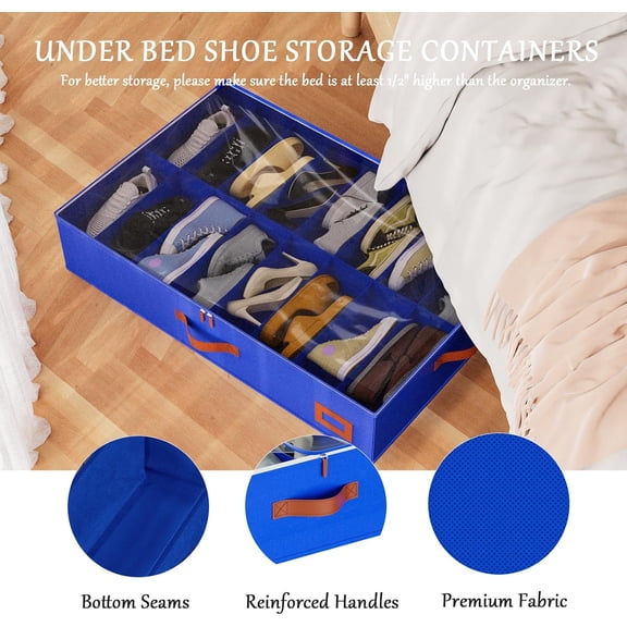 BDIUA-Under Bed Shoe Storage Organizer, Underbed Shoes Storage Containers, set of 2, fits up to 32 Pairs of Shoes (Blue)