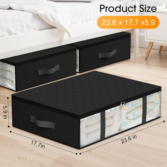 BDIUA-Under Bed Storage Bags 4 Pack, 40L Large Clothes & Comforter Storage Containers with Clear Window, Breathable Fabric Organizer for Blankets, Bedding, Seasonal Clothing, Black