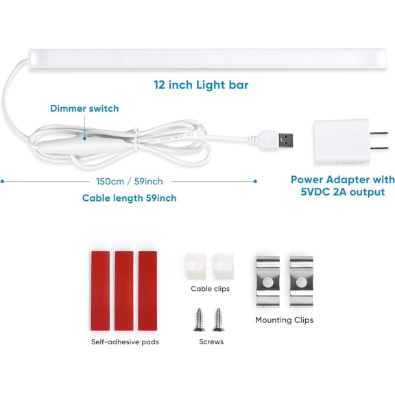 BDIUA-Under Cabinet LED Light with USB Power for Kitchen Counter, Workbench, Coffee Station, Workspace, Closet. Adapter, Dimmer, 12 Inch LED Light. Warm White 3000K