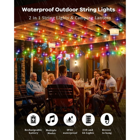 BDIUA-Upgraded 33FT RGB Camping String Lights, Retractable Camping Lights with Music Sync, 19 Modes, Rechargeable Waterproof Tent Lights, Portable Camping Lantern for Tent, RV, Patio & Awning