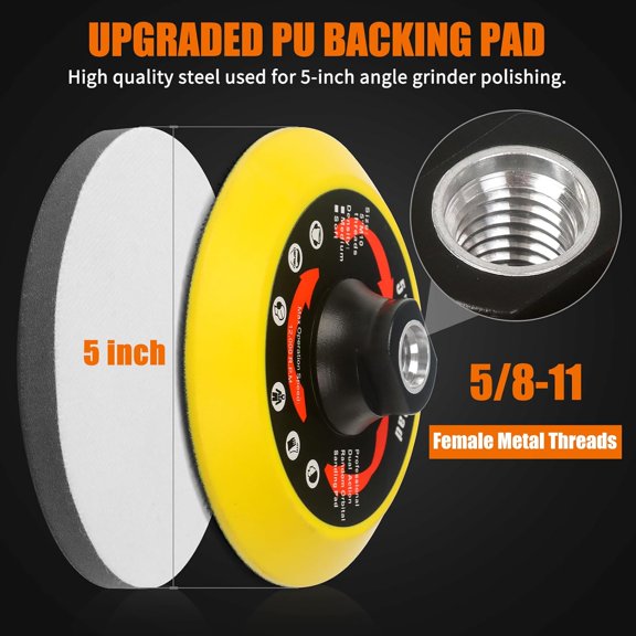 BDIUA-Upgraded 5 Inch Hook and Loop Backing Pad Plate 5/8-11 Threads, Angle Grinder Sanding Disc Attachments with Interface Foam Sanding Pad, Grinder Buffer Accessories for Wood Metal Polishing
