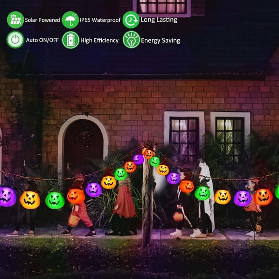 BDIUA-Upgraded Solar Halloween Lights Outdoor, Solar Powered Pumpkin String Lights,16ft 20LED 8 Modes Waterproof Halloween String Lights for Garden Patio Landscape Halloween Decorations(Multicolor)