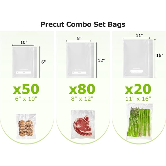 BDIUA-Vacuum Sealer Bags, 20 Gallon 11" x 16"+ 80 Quart 8" x 12"+ 50 Pint 6" x 10", Commercial Grade, BPA Free, Food Sealer Bags for Vac Storage, Meal Prep or Sous Vide Cooking, VB15