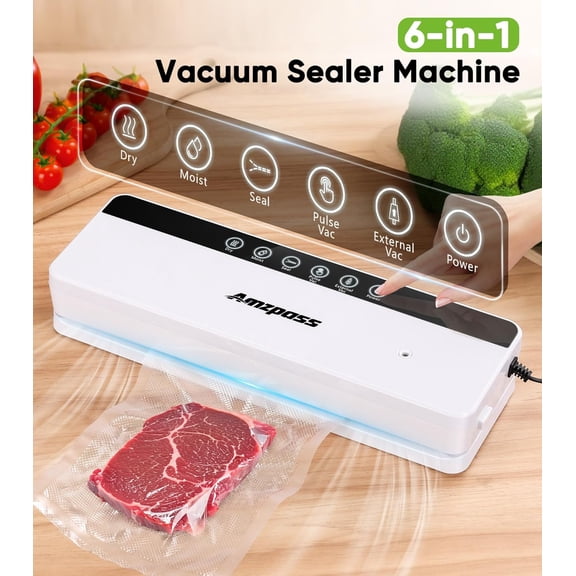 BDIUA-Vacuum Sealer for Food, 6-in-1 Food Vacuum Sealer Machine, 80kpa Suction Power Food Sealer Vacuum Sealer, Compact Vacuum Sealers with 10 Vacuum Bags, External VAC for Jars & Containers, White