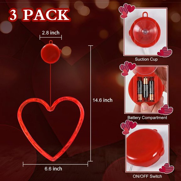 BDIUA-Valentines Day Window Lights Decor with Timer, 3 Pack Battery Operated Red Heart-Shaped Window Decorations Silhouette Sucker LED Lamp Slow Fade Mode Romantic Light for 2026 Holiday Indoor Home