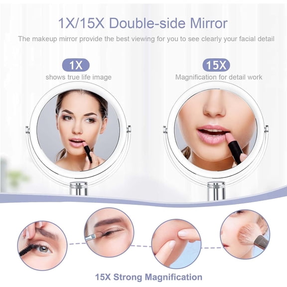 BDIUA-Vanity Mirror Makeup Mirror with Stand, 1X/15X Magnification Double Sided 360 Degree Swivel Magnifying Mirror, 7.4 Inch