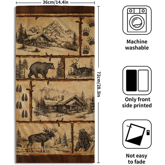 BDIUA-Vintage Bear Deer Hand Towels Set of 2 Forest Cabin Face Bath Fingertip Towel Soft Absorbent Dish Wash Cloth Kitchen Bathroom Home Decor
