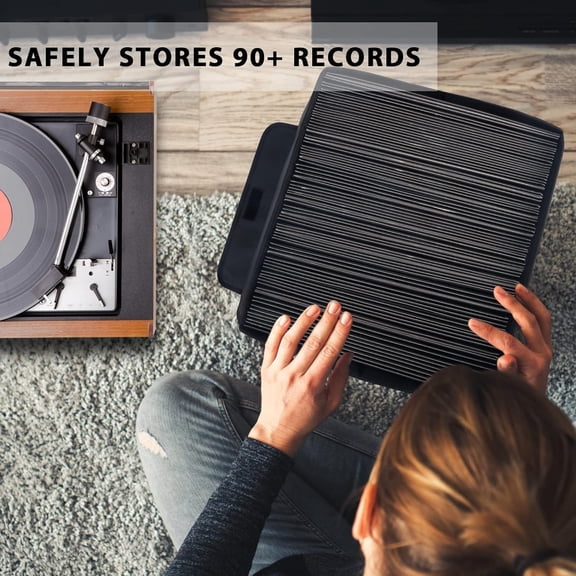 BDIUA-Vinyl Record Storage Box for 12 Inch LPs, Holds up to 80 Albums, Collapsible Storage Crate with Lid & Handles for Valuable Album Collection (Black, 13 Inch)