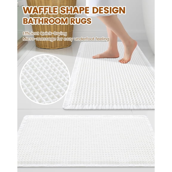 BDIUA-Waffle Bath Mat 24x16, Extra Soft Absorbent Bathroom Rugs, Non Slip Machine Washable Quick Dry Bath Rugs for Bathroom Floor, Tub, Shower, Home Decor Accessories, White