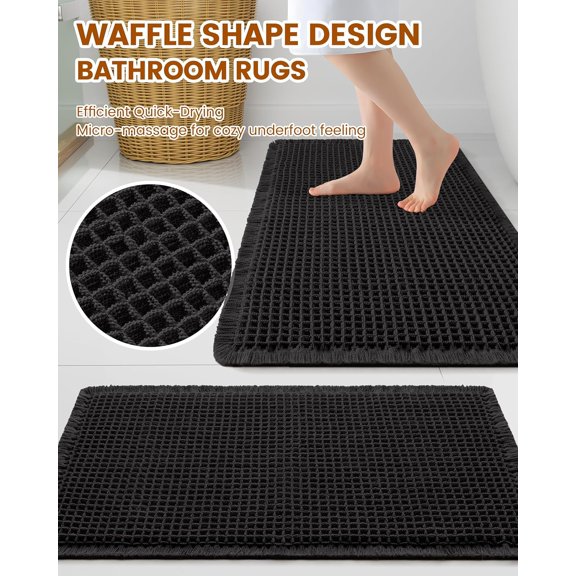 BDIUA-Waffle Bath Mat 24x16, Extra Soft Absorbent Bathroom Rugs, Non Slip Machine Washable Quick Dry Bath Rugs for Bathroom Floor, Tub, Shower, Home Decor Accessories, Black